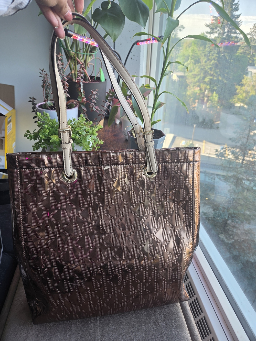 Michael Kors Brown Monogram Tote Bag with Cream Handles